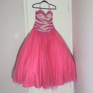 Hot pink strapless ball gown with white and pink beaded zebra stripe bodice NWOT